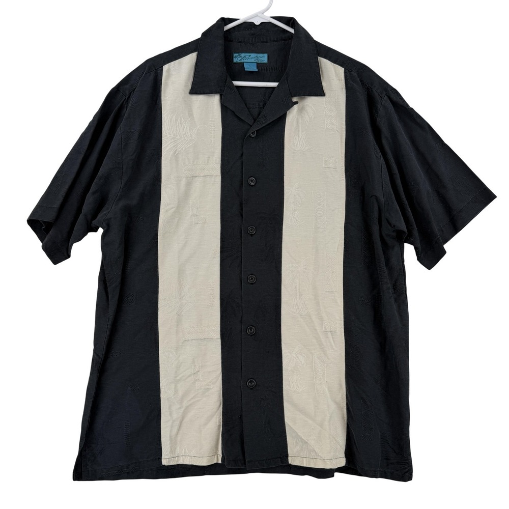Paradise Blue Shirt Mens Large Black Silk Short Sleeve Retro Bowling Hawaiian